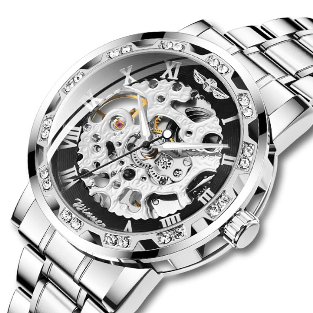 Механічний годинник Winner Skeleton, чоловічий механічний годинник, срібний годинник Віннер скелетон