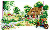 Набор для вышивки крестом Лето пейзаж домик размер картины 60х40 см частичная зашивка