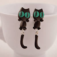 Сережки з полімерної глини чорні "Кішки з зеленими очима" - довжина 5см, полімерна глина