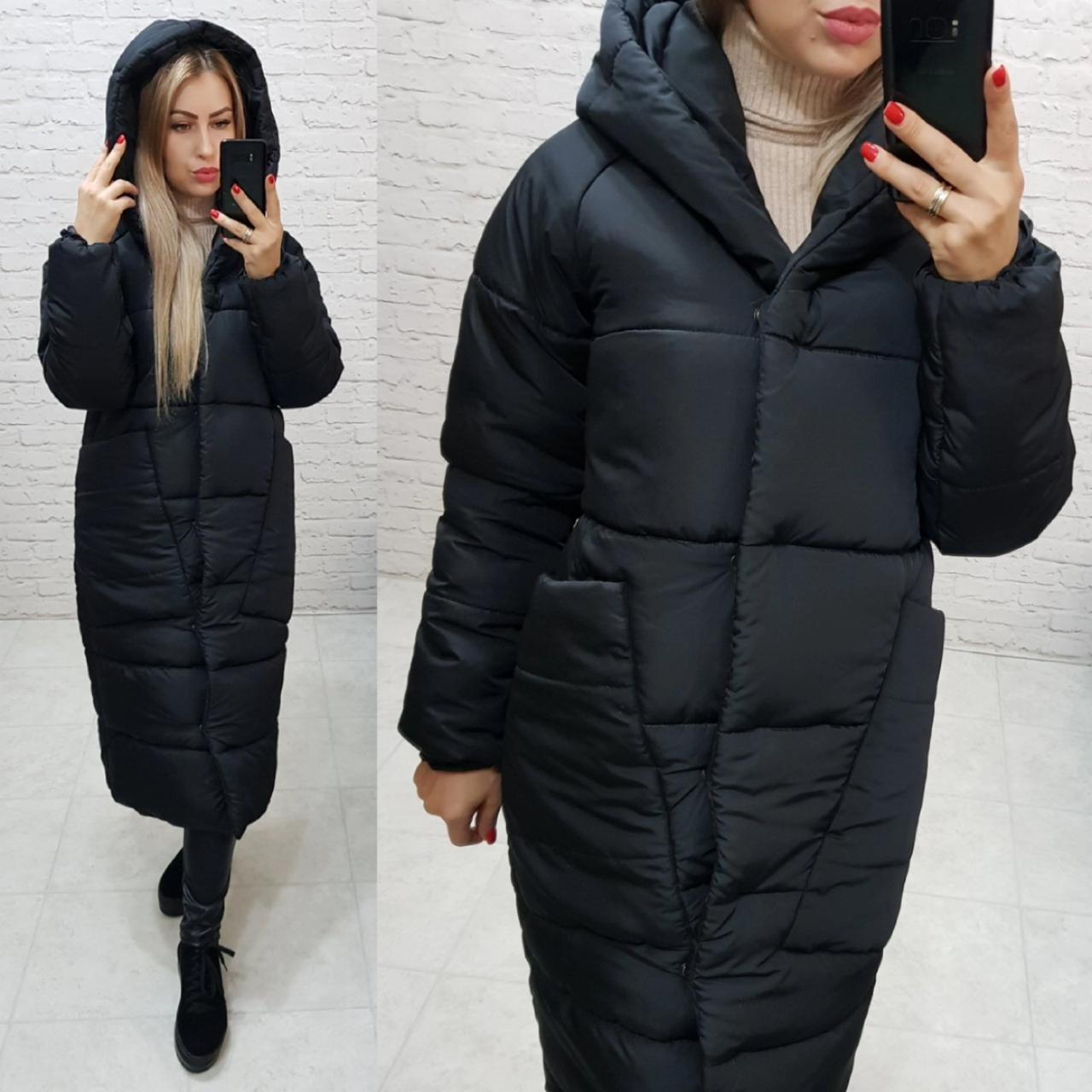 Пальто курка кокон Oversize зимове, артикул 500, колір матовий чорний, фото 1