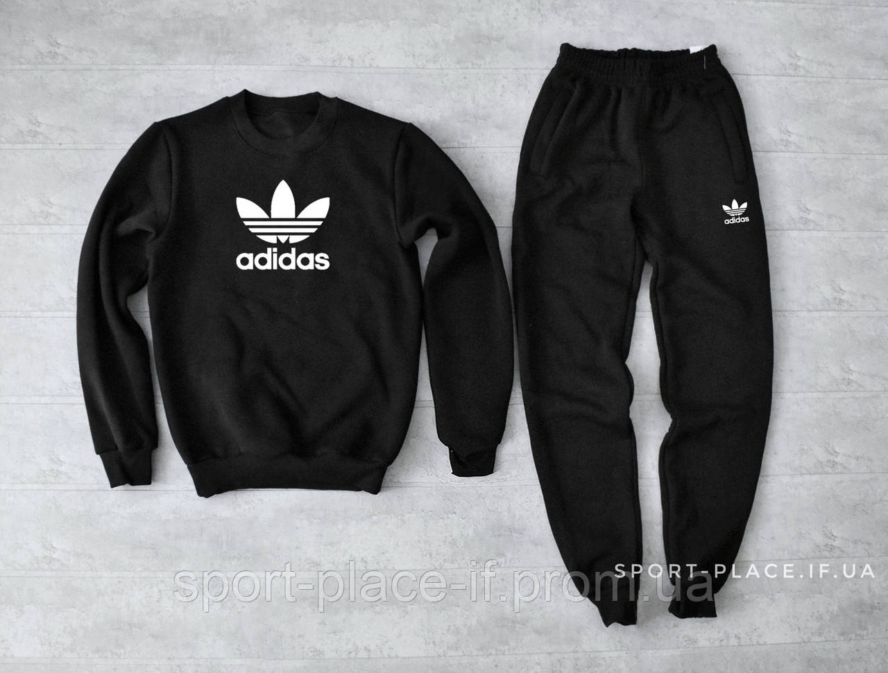 Теплий спортивний костюм Adidas (Адідас) чорний (ЗИМА) з начосом, світшот штани толстовка худі лонгслив