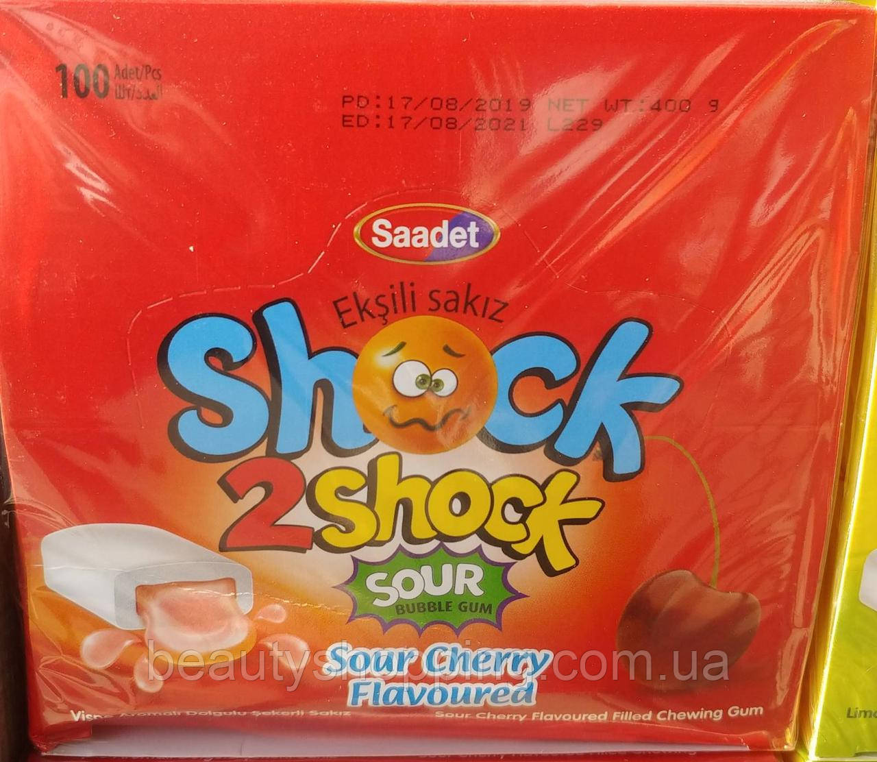 Жувальна гумка шок з рідким центром з вишневим смаком Cherry Flavoured Shock2Shock Sour 100 шт Туреччина