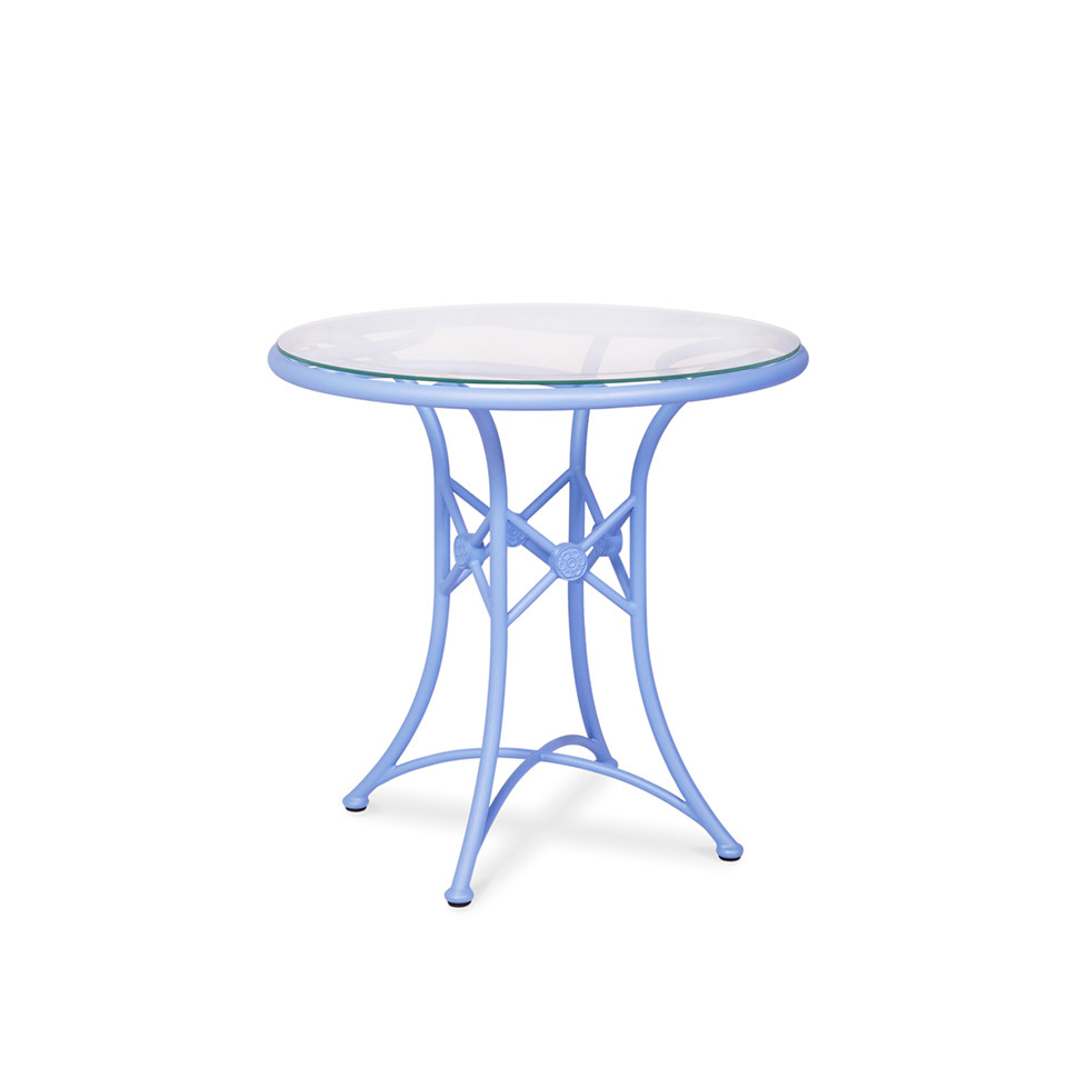 Стіл обідній Верона з 1 опорою каркас алюміній блакитний, стільниця прозр. скло 6 мм, Ø 80х75 см (Pradex ТМ)