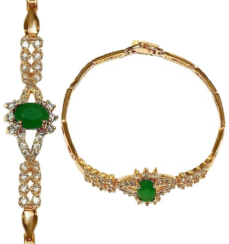 Браслет ХР. Позолота 18К. Камені: білий циркон та хризопраз. Довжина: 17.5 см. Ширина: 12-3 мм.