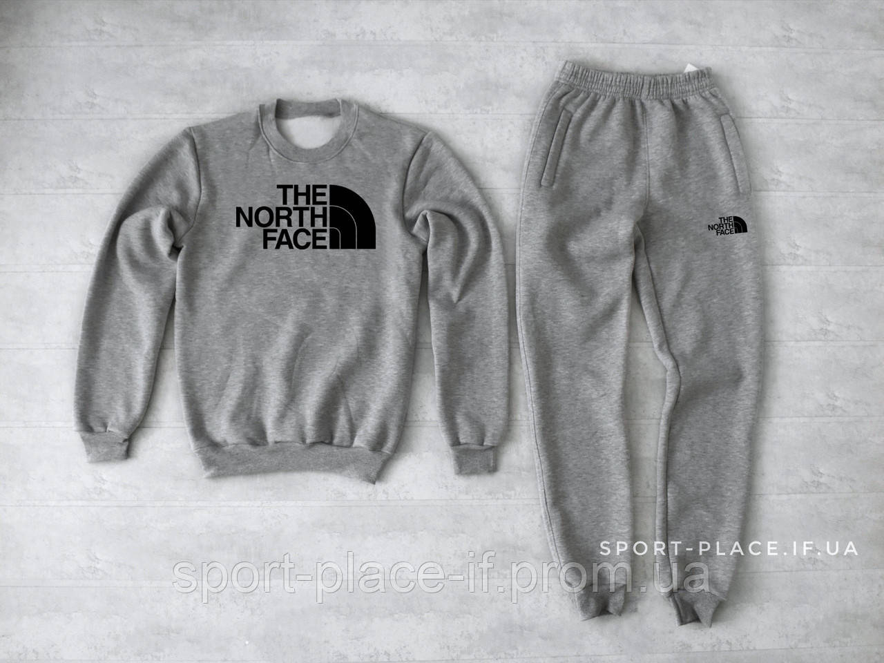 Чоловічий спортивний костюм The North Face сірий (ЗИМА) з начосом, світшот велика емблема репліка