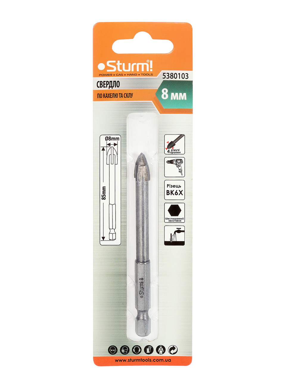 Свердло по склу та кахлю Sturm 5380103, 8 мм