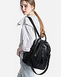 Рюкзак міський жіночий шкіряний. Рюкзак-сумка (трансформер) з натуральної шкіри (чорний), фото 3