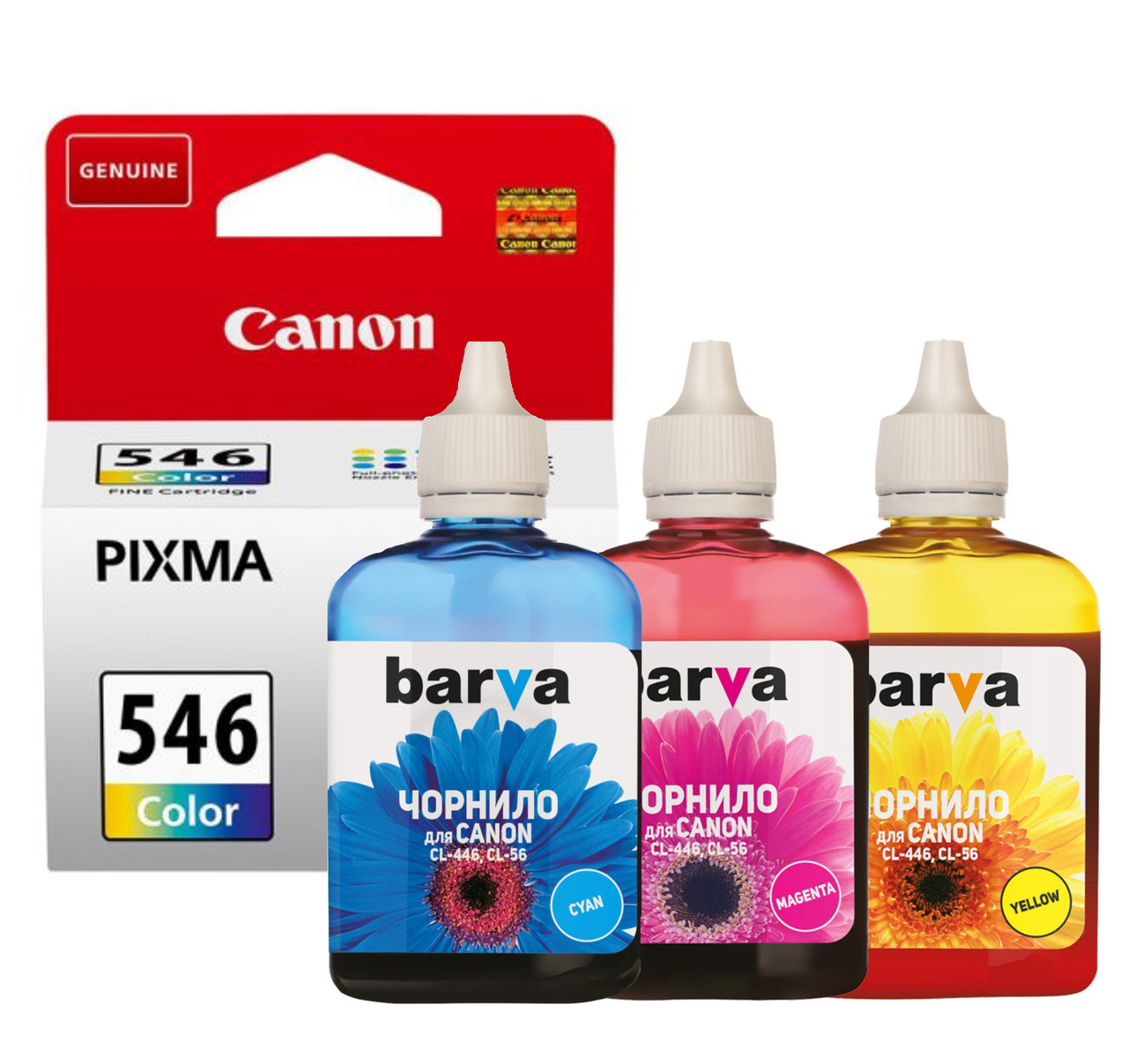 Чорнило комплект для Canon CL-546, водорозчинна фарба, 3 кольори, 4*90 мл, флакон, Barva