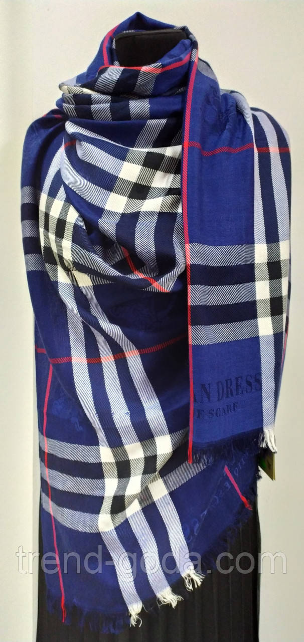 Жіночий шарф палантин Бренд Burberry(репліка)Синій.Фірмовий принт. Барбарі.Кашемір, Шовк 180\70
