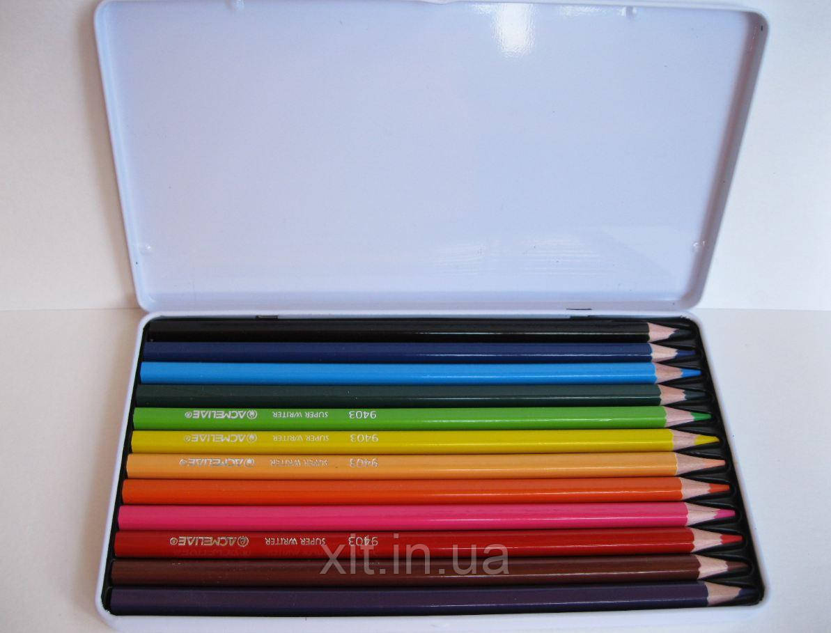 Кольорові олівці в металевій коробці Acmeliae, 12 кольорів, фото 1