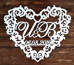 Фамільний Герб в Серце з Датою Білий 58х50см Весільні Ініціали, дерев'яна монограма, сімейний весілля