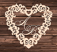 Фамільний Герб в Серці 55х48см Весільні Ініціали, дерев'яна монограма, сімейний весілля