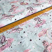 Бязь Gold бавовняна "Казкові єдинороги на м'ятному" 220см, фото 2