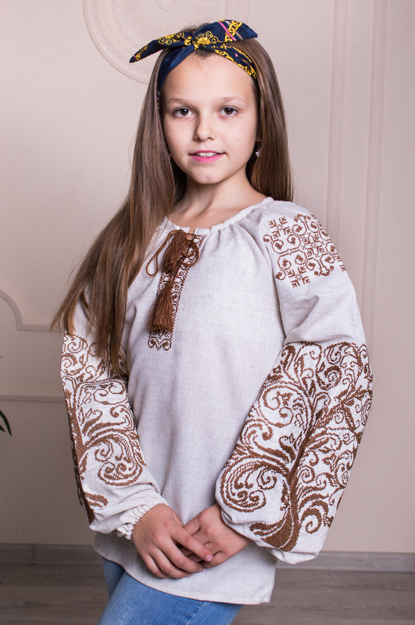 Вишиванка дитяча Ольга сірий льон, святкова сорочка на дівчинку, рукав реглан, на 7,8,9,10,11,12 років, фото 1
