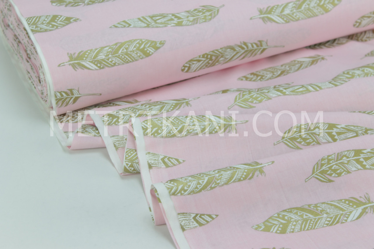 Тканина для постільної білизни з ранфорс пір'я золоті на рожевому Туреччина 240 см № WH-2960
