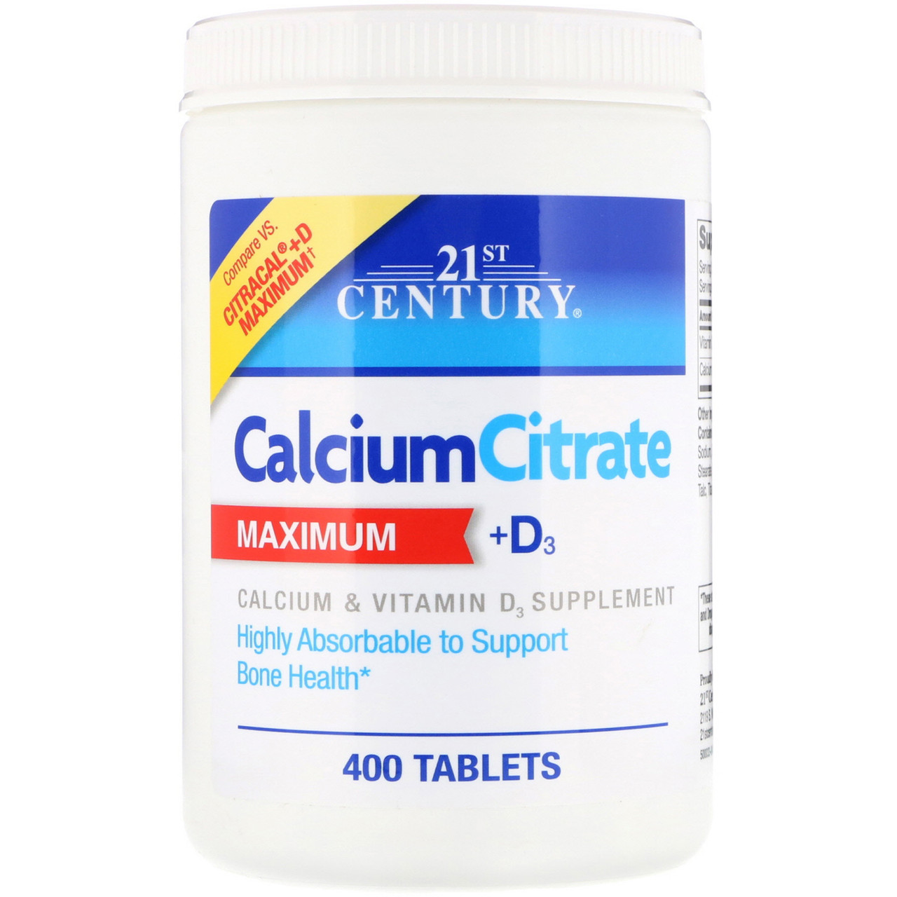 Цитрат кальцію з вітаміном Д3, 400 таблеток 21st Century