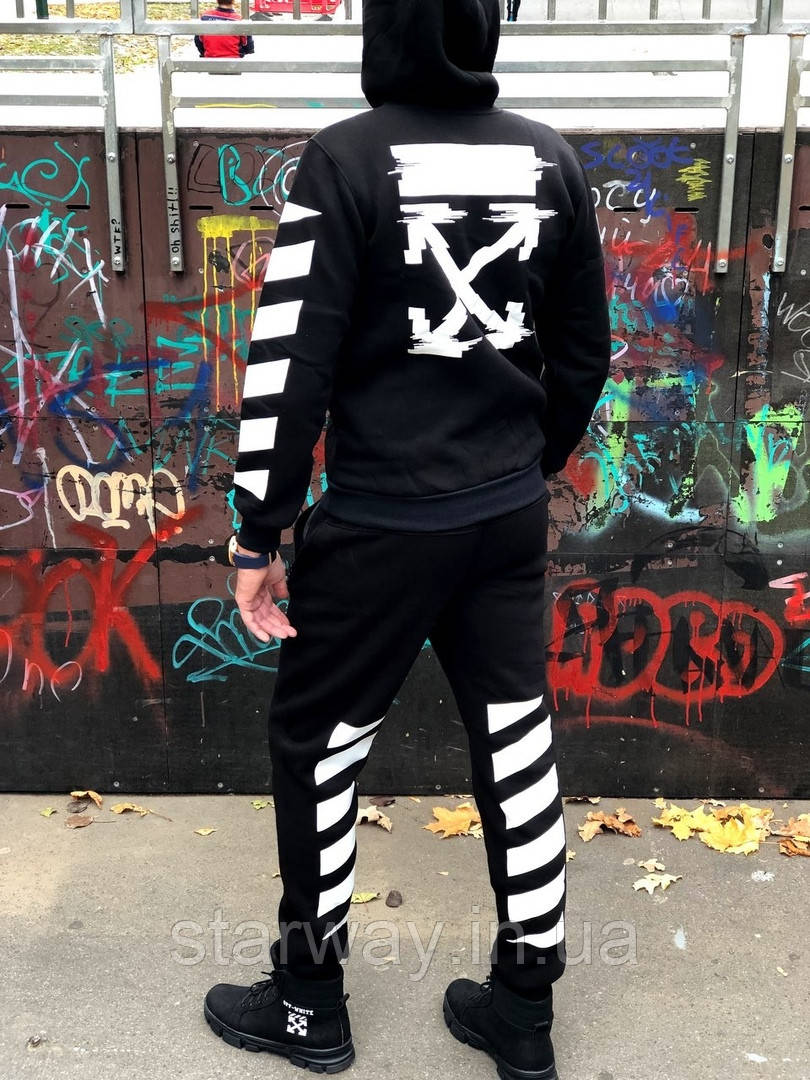 Спортивний чорний костюм off white distortion з капюшоном | офф вайт біле лого