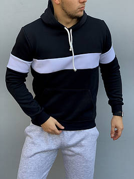 Тепла чорна чоловіча толстовка з білими вставками, худі з капюшоном, кофта, кенгурушка/CEDED-Зима