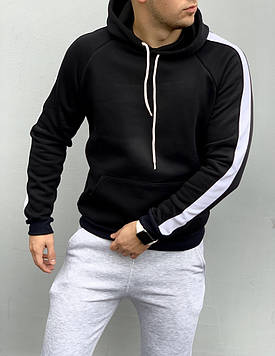 Тепла чорна толстовка з білими лампасами, худі з капюшоном, кофта, кенгурушка/ ОСІНЬ-ЗІМА