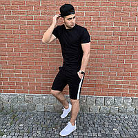 Мужской хлопковый комплект шорты и футболка, черный спортивный комплект с лампасами для прогулок и спорта