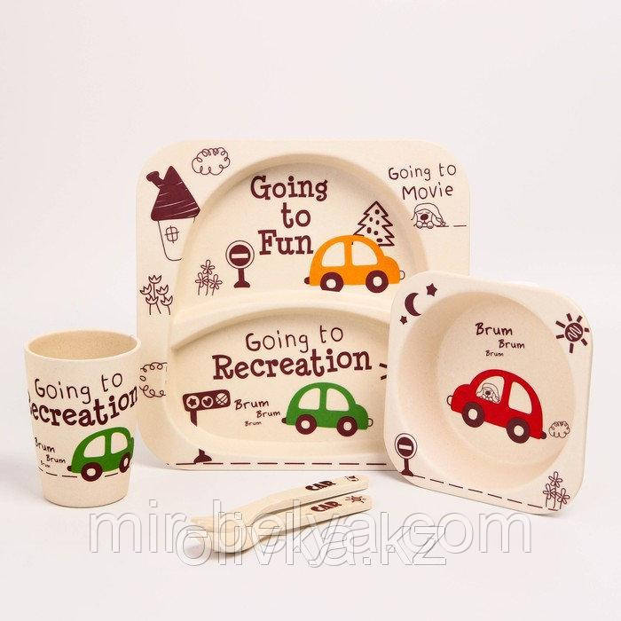 Набір дитячого посуду бамбуковий 5 приладів Машинки Eco Bamboo, фото 1
