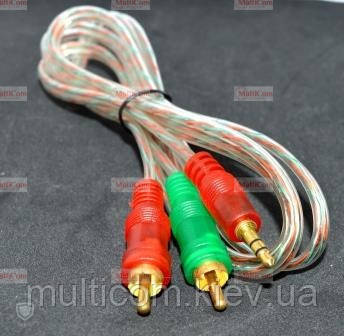 05-02-345. Шнур 3,5 стерео - 2RCA (штекер-штекер), gold pin, прозорий, силіконовий, 2м