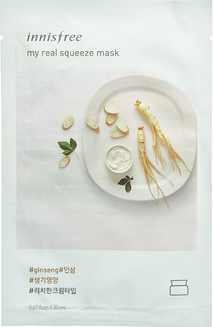 Омолоджувальна та поживна тканинна маска для обличчя Innisfree my real squeeze mask Ginseng (женьшеньшень) 20 мл