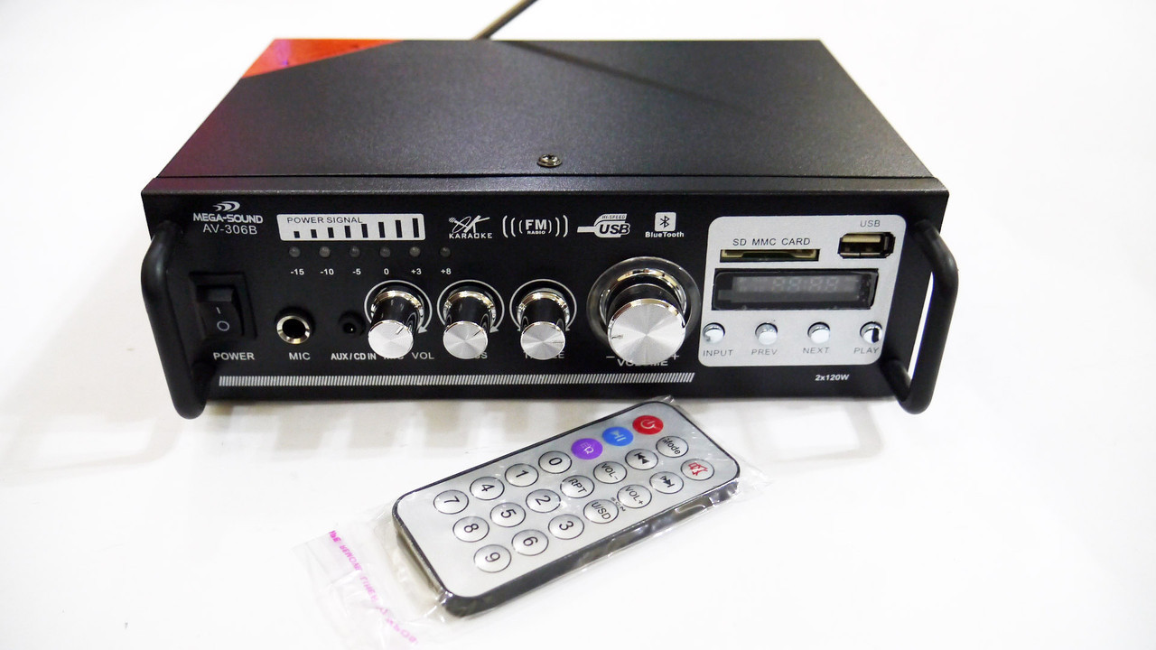 Підсилювач звуку Mega Sound AV-306BT USB+SD+AUX+Bluetooth+Karaoke Чорний (4_637364597)