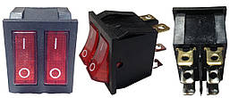 Перемикач 2 кл. чорний +червона кнопка з індик (6 контактів,вузка) KCD8/KCD2-2101N R/B 220V ЕО