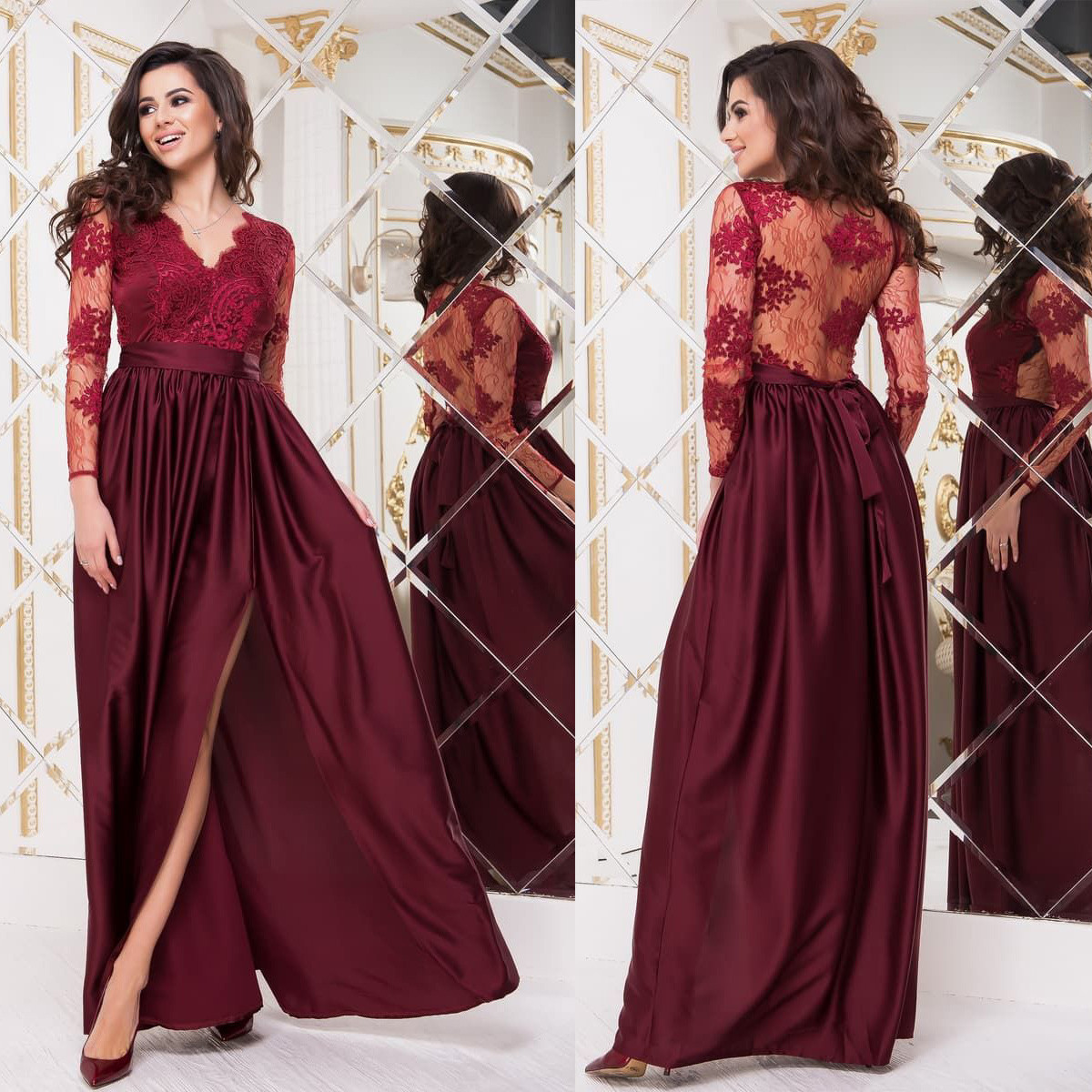 Бордовое платье с разрезом вечернее длинное "Шарм" / anna-best.com