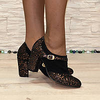 Женские туфли на невысоком каблуке, натуральная замша с лазерным напылением