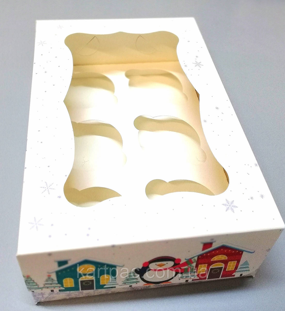 Коробка картонна для 6 капкейків "Пінгвіни" 250*170*80