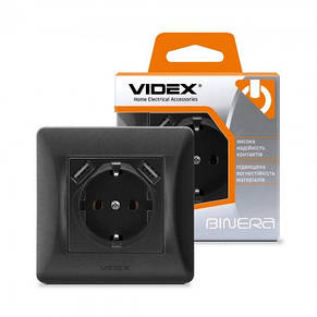 Розетка VIDEX BINERA чорний графіт 1а з заземленням і 2USB (24473), фото 4