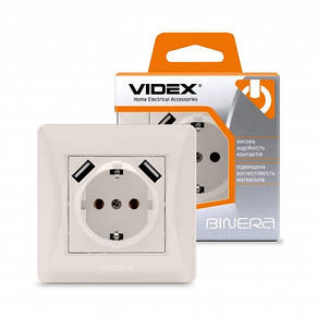 Розетка VIDEX BINERA одинарна з заземленням і 2USB кремова (24694), фото 4