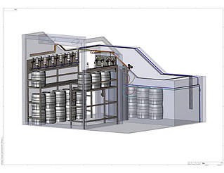 3D-модель системы хранения и подачи пива в холодной камере Varvar Bar. Вид сбоку.
