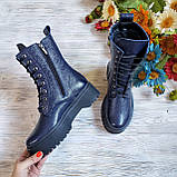 Жіночі демісезонні черевики високі шкіряні на шнурівці WooDstock синій лак, фото 8
