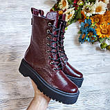 Жіночі демісезонні черевики високі шкіряні на шнурівці WooDstock бордовий лак, фото 10
