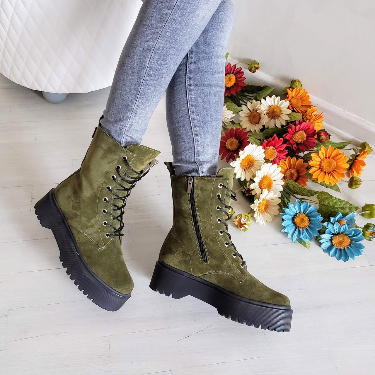 Жіночі демісезонні замшеві черевики хакі на шнурівці WooDstock, фото 1