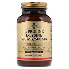 L-пролін і L-Лизин SOLGAR "L-Proline/L-Lysine" у вільній формі, 500 мг/500 мг (90 таблеток)