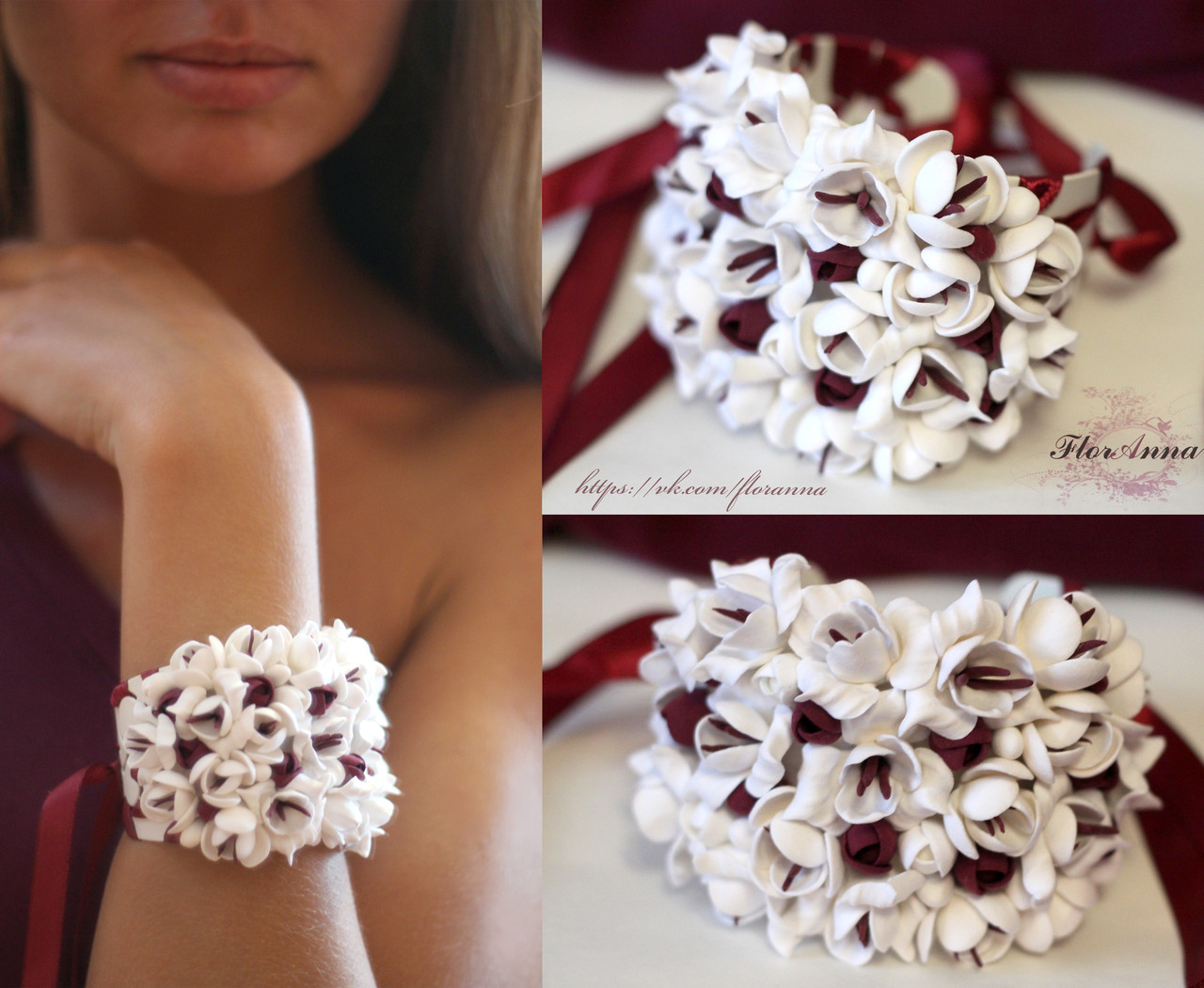 "Біло-бордові фрезії" браслет на руку з квітами з полімерної глини. Браслет для нареченої або Свідниці