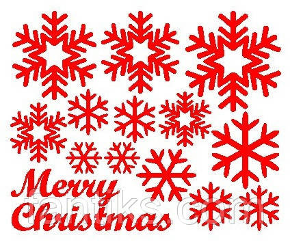 Набор наклеек (пвх) "Красные снежинки с надписью Merry Christmas" -13 шт