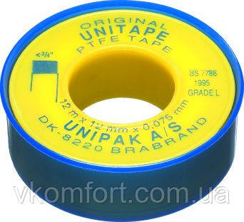 Фум стрічка UNIPAK Unitapе 12м х12мм х0,075мм Оригінал Данія, фото 1