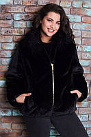 Стильний чорний штучний жіночий кожушок великих розмірів 48-56 і комір з Лами. Арт-1303/37