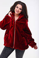 Стильний чорний жіночий штучний кожушок великих розмірів із капюшоном р.48-56. Арт-1306/37 бордовий