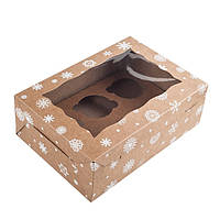 Коробка на шесть капкейков из крафт картона со снежинками со вставкой 25,5*18*9мм