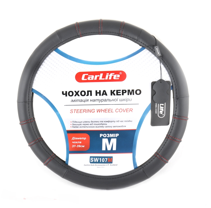 Чохол на кермо Шкір.зам M (37-38см) чорний-червона нитка Carlife SW107