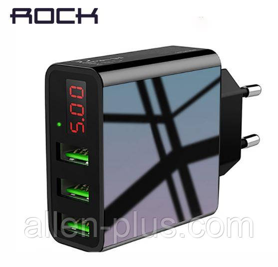 Адаптер живлення ROCK, 3A, black (USB зарядка, 3 порти, дисплей)
