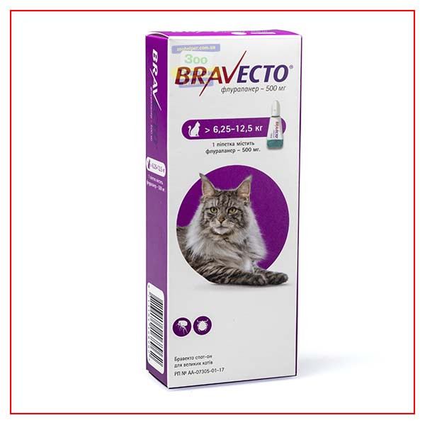 Капли Bravecto 6,25-12,5 кг Spot-On (Бравекто Спот-Он) от блох и клещей ...