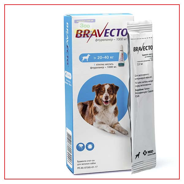 Краплі Bravecto 20-40 кг Spot-On (Бравесто Спот-Він) від Бліх і Клею для Собак