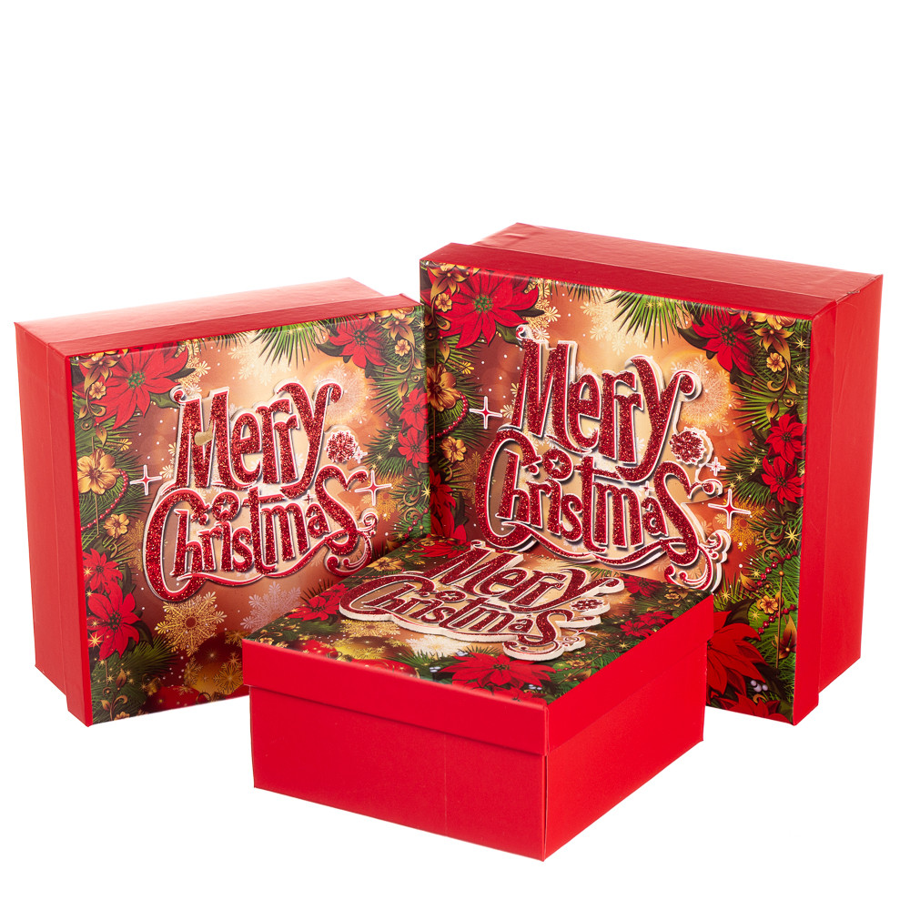 Набір новорічних подарункових коробок "Merry Christmas" 3 шт. середні (20х20х9.5 см) комплект, фото 1